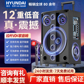 Hyundai korean modern high-power square dance speaker trolley speaker outdoor karaoke high volume mobile bluetooth stage speaker with microphone performance karaoke dance conference host 12-inch four-way 1600w hot-selling new model + double wheat spree