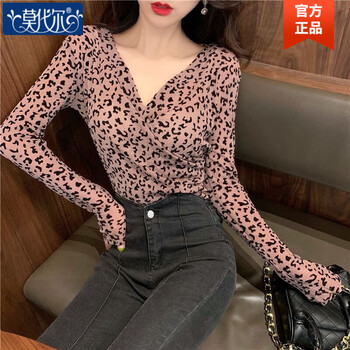 Modal autumn and winter 2025 new sexy leopard print v-neck tops for women, stylish inner wear, slim-fitting bottoming shirts, long-sleeved t-shirts, trendy pink m