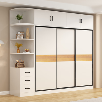 Muyansen package installed solid wood wardrobe home bedroom large wardrobe with sliding door simple storage furniture storage cabinet storage cabinet 200cm main cabinet + top cabinet + side cabinet