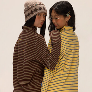 Mr. jiangnan newjnxs warm german velvet interesting striped offset long-sleeved autumn and winter versatile white inner top brown s