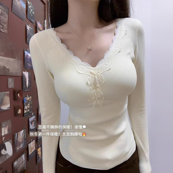 Yiran presents lace v-neck german velvet bottoming shirt for women in autumn and winter, short inner shirt, slim fit brushed top, warm long-sleeved t-shirt for women, apricot m, recommended 95-110 pounds