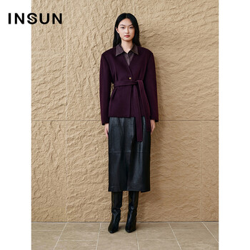 Insun enshang 2025 winter temperament v-neck design merino cashmere short jacket purple red l