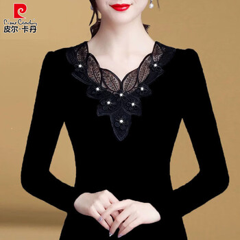 Pierre cardin autumn and winter warm clothes for fat people, german velvet lace bottoming shirt, western style mommy loose covering belly, large size women's t-shirt 803 l recommended within 100 pounds