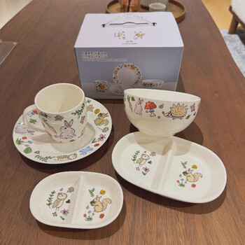 He jiagong cartoon jungle animals underglaze color children's tableware mug drinking cup rice bowl disc pastoral children's tableware set