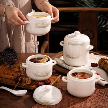 Yunzhihe double-ear stew pot ceramic steamed egg bowl with lid, household pure white stew soup cup, one person, one cup, steaming cup, water-proof earthenware pot, jiangshan ruhua double-ear small stew pot, with spoon 380ml 1 piece