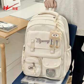 Double star schoolbag for female junior high school students and high school students large capacity backpack college style cute casual versatile computer backpack for men off-white with long leg biscuit pendant