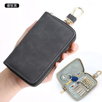 Ye yu retro simple zipper key bag men's waist hanging multi-functional household small bag large capacity car women's key bag black/6 key positions + 2 hidden card slots + 1 independent buckle