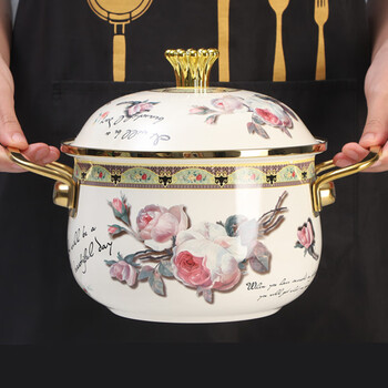 Oulijia enamel pot with raised gold rim enamel stew pot enamel soup pot for cooking noodles, stew, ribs, stew chicken, open fire, classic 20cm