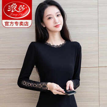 Langsha (langsha) bottoming shirt for women with 2025 spring and autumn new modal low-neck lace black top thin long-sleeved t-shirt for women 8591 black lace collar butterfly sleeves xl (130 catties-160 catties)