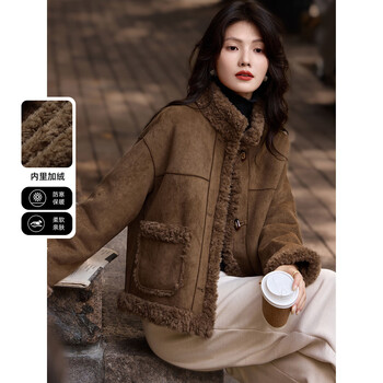 Awakening paradise winter fashion temperament modern style faux suede lined fur coat jacket brown m