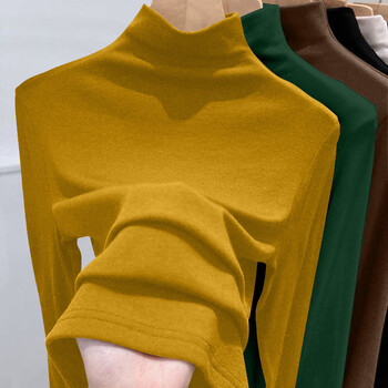 Modal double-sided german velvet half turtleneck bottoming shirt for women, autumn and winter new style plus velvet thickened large size mid-collar long-sleeved top, earthy yellow m, suitable for people under 90 pounds