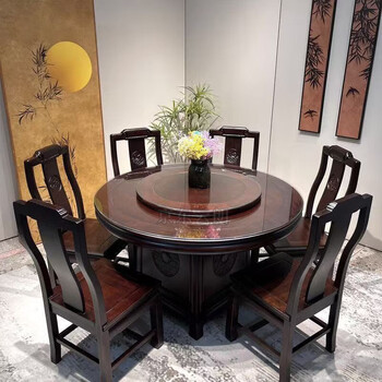 Yunlang fengqing indonesian rosewood solid wood dining table and chair combination household round table new chinese style household dining table large round table with turntable 1.5 meters rosewood dining table + 8 dining chairs, one table and eight chairs, free glass solid wood turntable