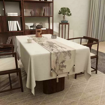 Yusenyi new chinese style tea banquet table flag long tea table cushion dining table coffee table cover cloth sideboard cupboard flag flower garden pine forest late cotton and linen trapezoidal tassel 11-35x240cm (applicable tabletop length 18020