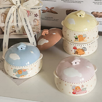 Rsrddy jingdezhen thickened ins high-looking steamed egg bowl binaural stew pot water-proof stew household ceramic with lid for one person cloud house-four color combination pack 350ml steamed egg