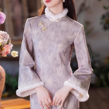 Du yanzhi 2025 winter new style jacquard composite super soft plus velvet thickened long cheongsam light purple noble and elegant temperament cheongsam light purple plus velvet l 100-110 catties (height standard of 1.6 meters)