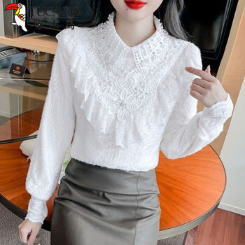 Woodpecker ruffle plus velvet doll collar lace bottoming shirt for women autumn and winter 2025 new high-end beaded temperament inner top white plus velvet xl 120-130 catties
