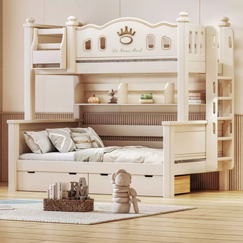 Yusenyi crown bunk bed, high and low beds do not interfere with each other, adult solid wood two-layer bunk bed, sister and brother bed, 1800mmx2000mm, side ladder-double drawer-mattress x2 bunk bed