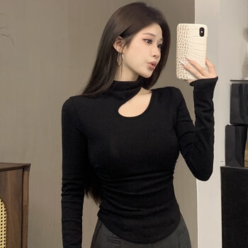 Miao yijia half-high collar exposed collarbone black slim-fitting bottoming top for women to wear outerwear and style 2025 new style for pure desire hot girls black hollow exposed collarbone half-high collar slim-fitting bottoming l recommended for under 120 pounds