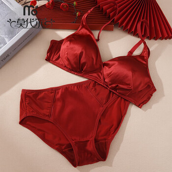 Modal zodiac year silk sexy bra and panties set for women push-up anti-sagging mulberry silk without rims red underwear set m