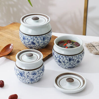 Pupan jiuxia ceramic stew pot with lid, household high-temperature-resistant steamed egg, one-person suzaku soup jar, soup cup, earthen pot stew pot, stew pot, 300 ml, blue and white