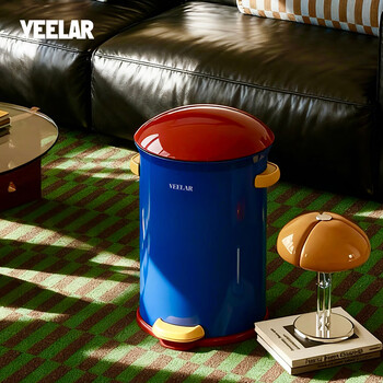 Veelar creative trash can for living room and household internet celebrity 2025 new dopamine kitchen and bathroom high-looking pedal with cover 8l-capri blue (red cover)
