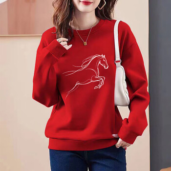 One-inch acacia red round neck velvet sweater women's 2026 new autumn and winter loose horse year of the horse zodiac year clothes velvet thickened jacket red - galloping horse spring and autumn style m 110-130 jin