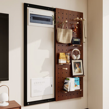 Mppmck medieval wind electricity meter box covering sliding solid wood perforated board weak current distribution box box decoration invisible wall covering walnut color 120*40cm can be blocked size 110*30c