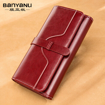 Banyanu long wallet for women 2025 new retro waxed cowhide simple large capacity women's wallet multifunctional clutch bag burgundy no specifications