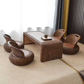 He jiagong rattan tatami coffee table tables and chairs for home balcony low table japanese small table zen tea table kang low table extra large table + 4 tatami chairs fully equipped