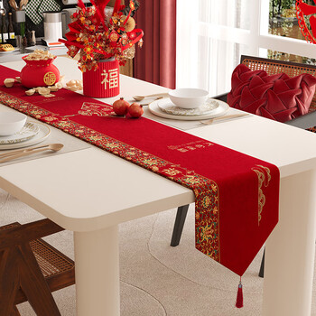 Zhunwu double-layer thickened wedding red table flag dining table festive long strip coffee table wedding tv cabinet sideboard cover qinse heming 4-blue hat red tassel-double-layer super soft 33x220cm (applicable table length 160-180cm)