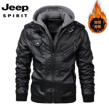 Jeep spirit jeep leather jacket men's autumn and winter new fashion windproof motorcycle leather jacket men's hooded leather jacket black velvet s