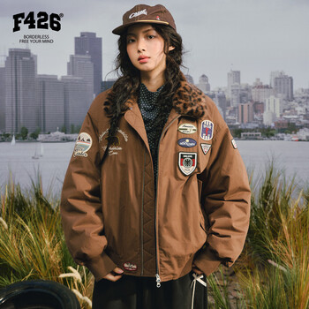 F426 city hunter winter new style retro embroidered small label fur collar flying down jacket coffee color free interchangeable fur collar m