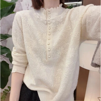 High-end quality autumn and winter half-high collar lace carved loose knitted bottoming shirt for women to reduce age and look slimming off-white (card size is large) xl xl (120-150 pounds)