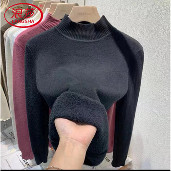 Langsha velvet bottoming sweater for women, thickened all-in-one velvet autumn and winter new style warm knitted inner half turtleneck pullover large size black (middle collar) thickened all-in-one velvet s