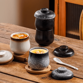 Pupan japanese ceramic one-person stew pot small stew pot with lid set steamed egg bowl egg custard special stew bowl stew pot - dailan