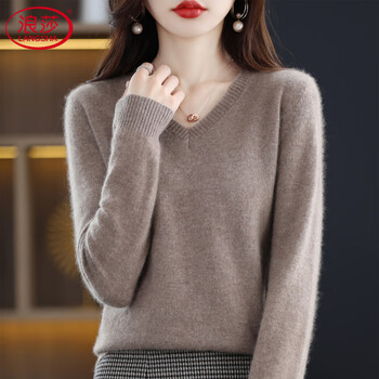 Langsha 100 pure wool sweater women's autumn and winter new v-neck warm sweater loose pullover long-sleeved sweater base layer camel s