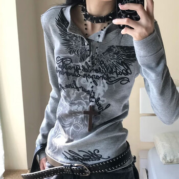 Oimg henry's new ancient black and gray light sub-sense early autumn long-sleeved t-shirt women's bottoming slim subculture printed top y2k gray cotton s