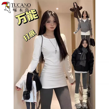 Woodpecker right shoulder german velvet thickened bottoming shirt for women, mid-length spring, autumn and winter long-sleeved t-shirt with slim fit top, white m