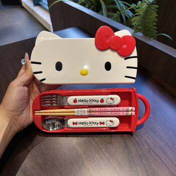 Ao yanlai hello kt stainless steel chopsticks and spoons three-piece set portable storage student meal box kitty lunch box 4-piece high quality * convenient storage * sturdy and durable