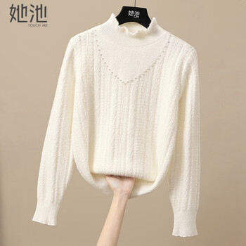 She pool half turtleneck bottoming shirt 2025 winter new women's clothing literary gentle style design beaded pullover long-sleeved top off-white one size