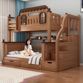 Solid wood high and low bed and bunk bed for adults, two-tiered bed, bunk bed, bunk bed, children's bunk bed, mother-child bed, ladder-double drawer, upper bed width 90, lower bed width 120 (comes with bookshelf)