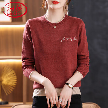 Langsha long-sleeved knitted bottoming shirt autumn and winter women's 2026 new style short top with wool round neck sweater red m recommended 90-100 pounds