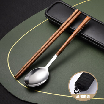 He jiagong korea imported chopsticks and spoon set stainless steel portable tableware student storage box fork wooden chopsticks three-piece set inclined tail spoon + chopsticks (two-piece set)