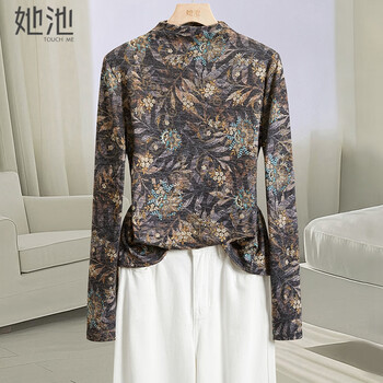 She pool retro print inner bottoming shirt women's 2025 winter new style temperament half turtleneck long-sleeved t-shirt