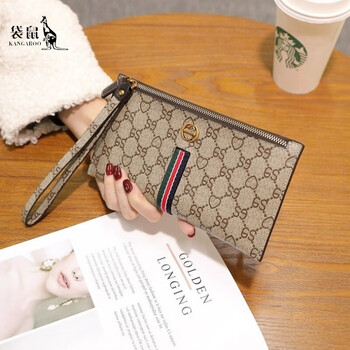 Kangaroo leather wallet women's long zipper 2025 new japanese and korean version cowhide wallet thin retro personalized clutch bag women's trend apricot
