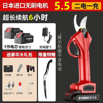 Yamaha imported electric pruning shears, fruit tree pruning shears, rechargeable lithium-ion scissors for cutting branches, electric shears for pruning, 5.5 cm basic model, 2 batteries + 2 blades + bag + saw