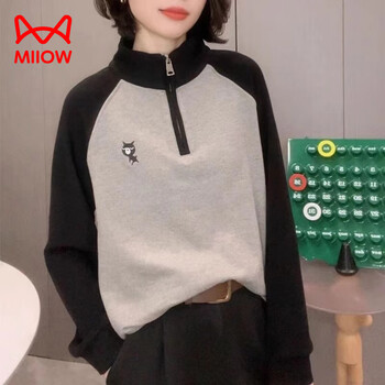 Miiow german velvet half-zip this year's popular european stand-up collar sweatshirt for women, fashionable and versatile embroidered warm large size bottoming shirt, light gray european goods/right shoulder/design sense/chic/beautiful/small shirt/foreign style/xl 110-120 pounds