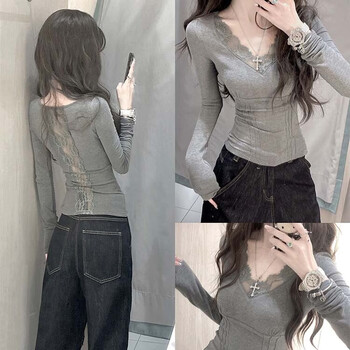 Miao yijia gray lace v-neck bottoming shirt for women to wear as an outer layer pure sexy hot girl slim tight top 2025 new gray sexy lace inner layer xl recommended 106-120 pounds
