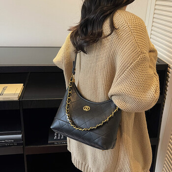Retro diamond chain bag women's 2025 new style versatile hobo bag color block crossbody bag black pu