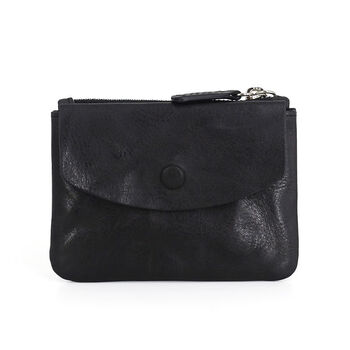 Japanese and korean first-layer cowhide halter coin purse genuine leather pleated mini card holder zipper driver's license bag key bag black